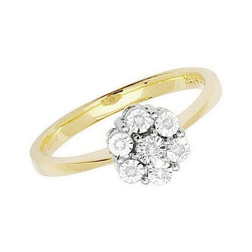 9ct Yellow Gold Diamond Ring Round Illusion Set Cluster Size J K L M N O P Q