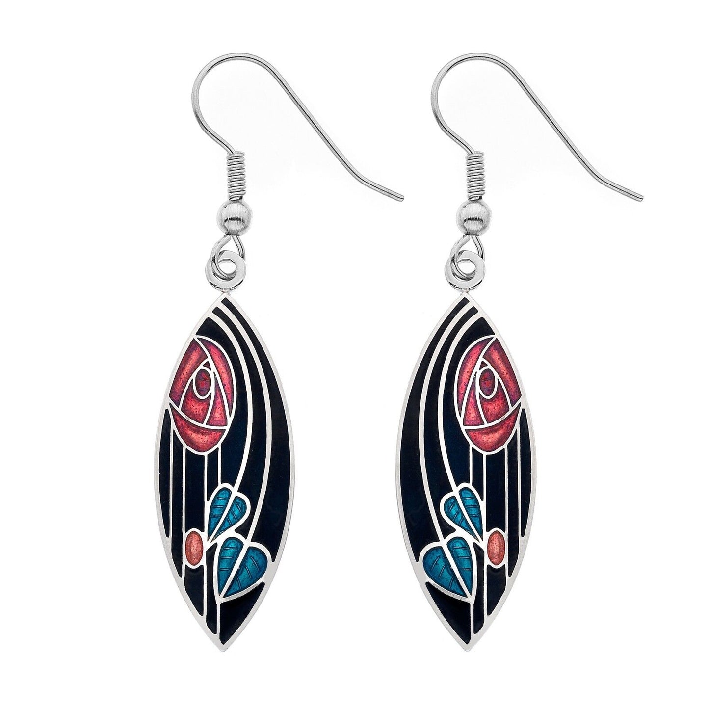 Mackintosh Rose Leaves Drop Earrings Marquise Silver Plated Branded Packaging