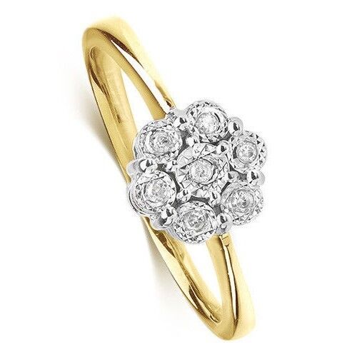 9ct Yellow Gold Diamond Ring Round Illusion Set Cluster Size J K L M N O P Q