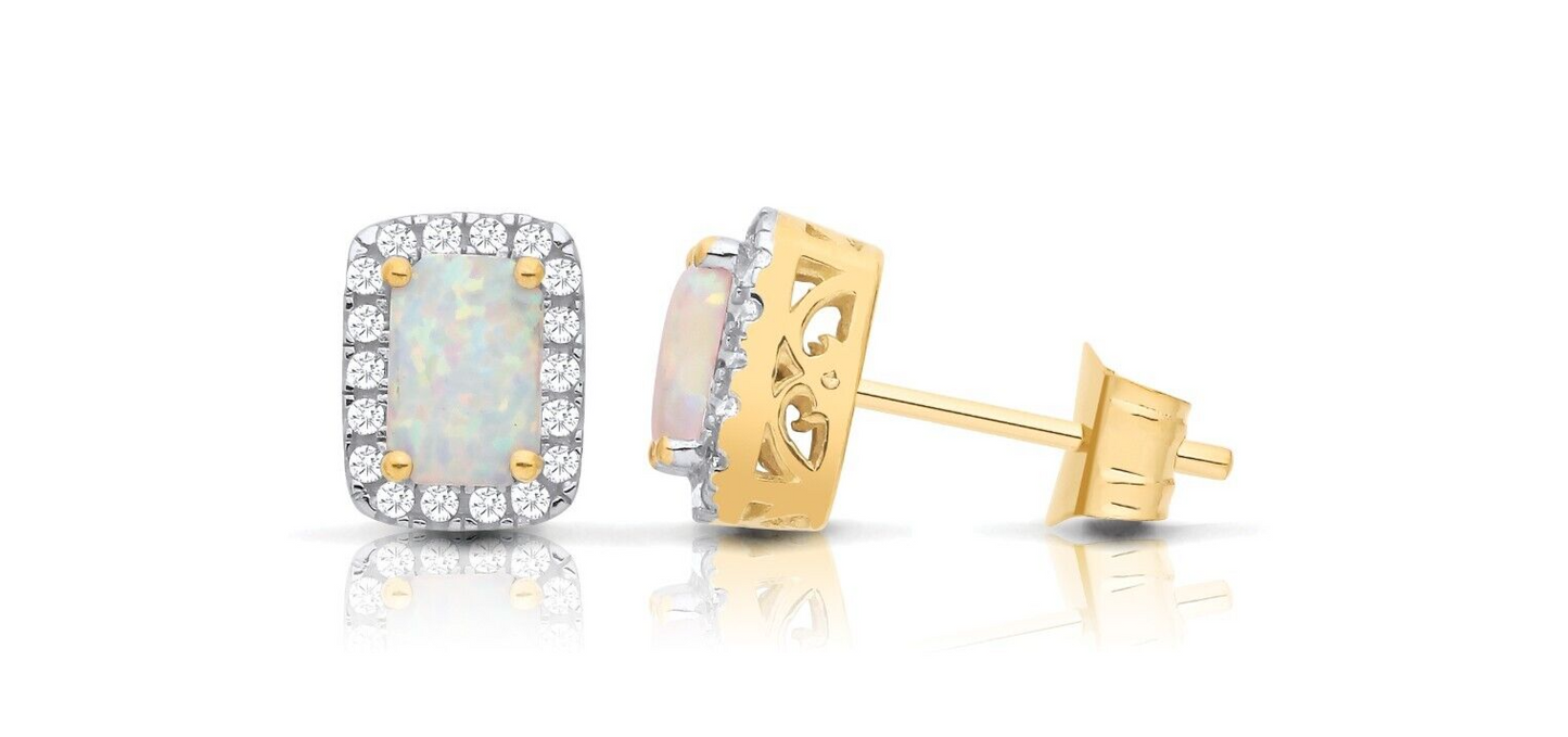 9ct Yellow Gold Opal Cluster Stud Earrings Emerald Cut Studs Hallmarked