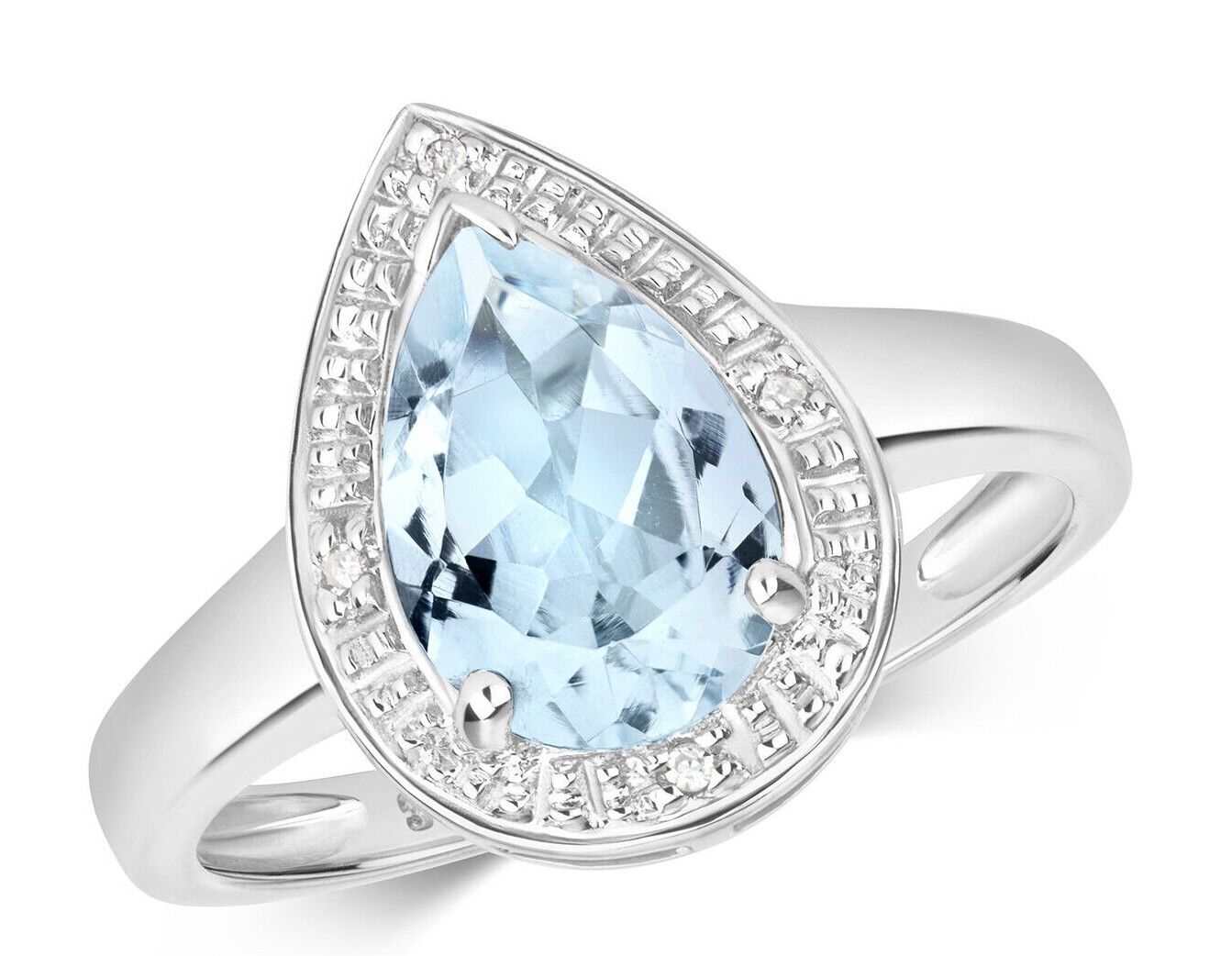 Real Aquamarine and Diamond Ring Solid White Gold Pear Teardrop Size JKLMNOPQ
