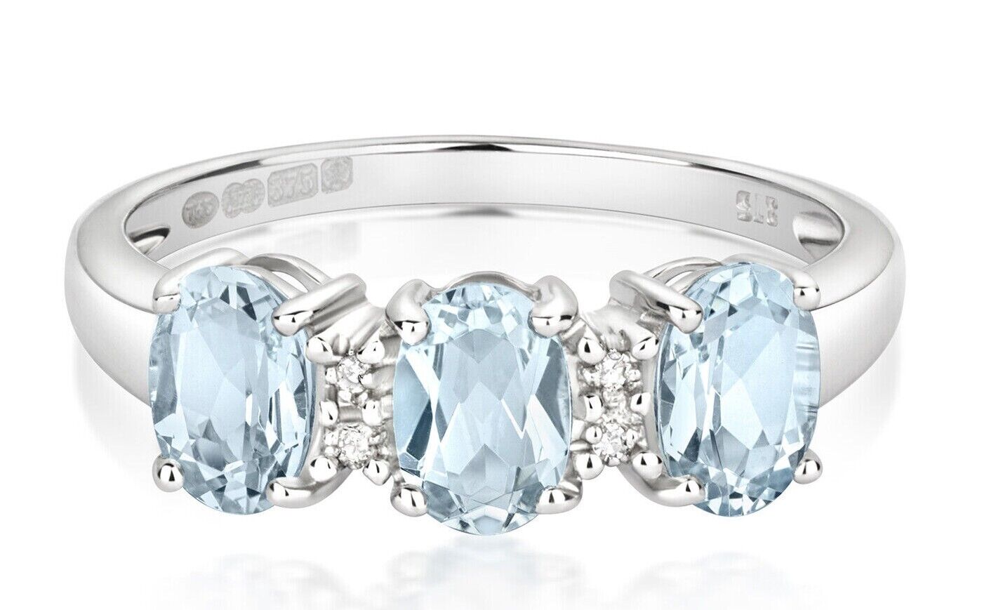 9ct White Gold Aquamarine and Diamond Ring Three Stone Trilogy Size J - Q