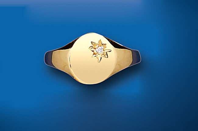 Ladies Diamond Signet Ring Solid 9ct Yellow Gold Oval Fully Hallmarked