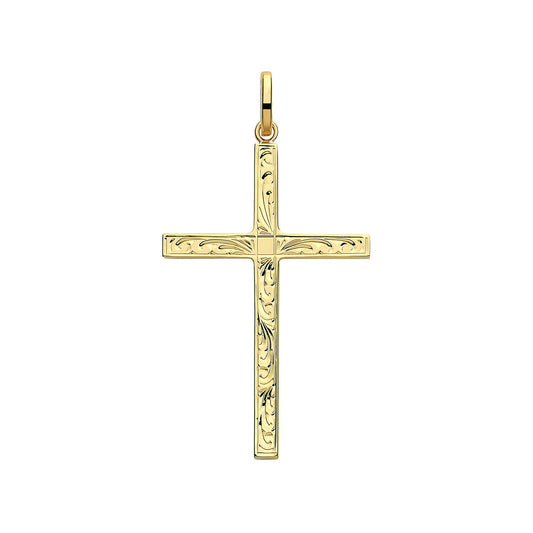 Gold Cross Pendant Engraved Design Yellow Gold 47mm x 25mm British Made