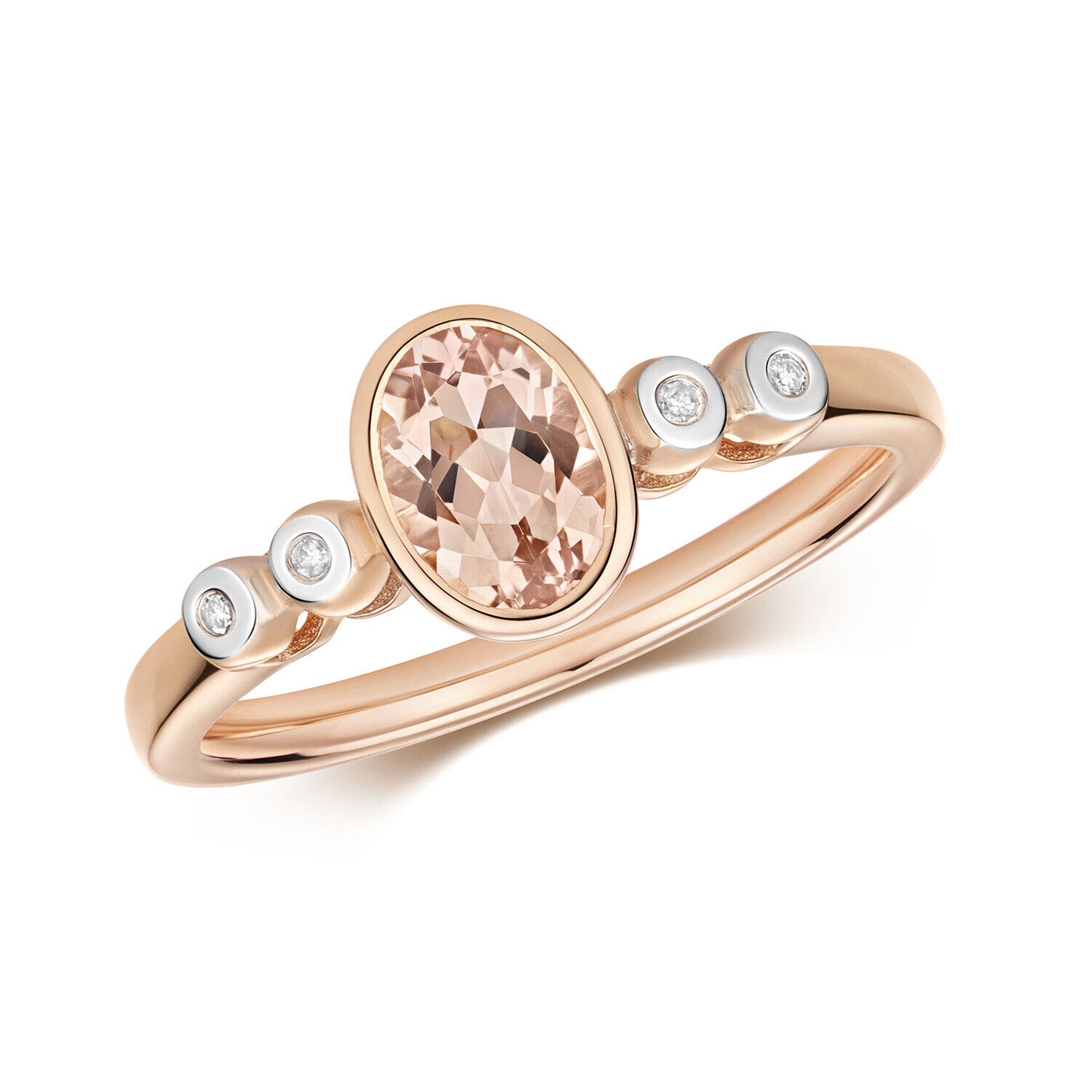 9ct Rose Gold Morganite and Diamond Ring Oval Cut Smooth Set Solitaire