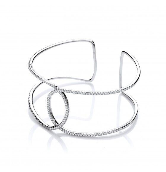 Micro Pave Two Row Interlocking Cuff Silver Bangle Luxurious Packaging Hallmark