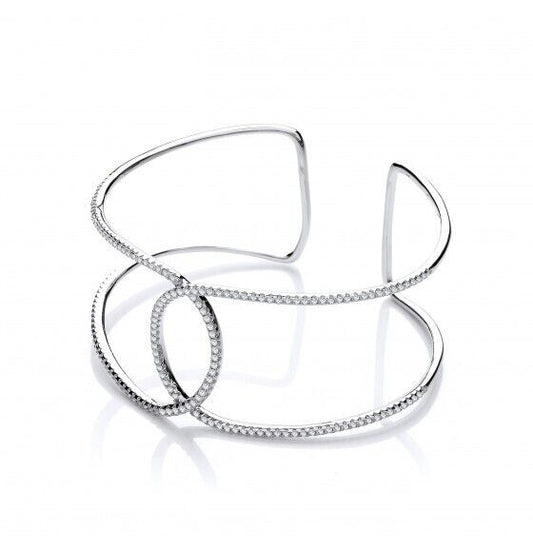 Micro Pave Two Row Interlocking Cuff Silver Bangle Luxurious Packaging Hallmark