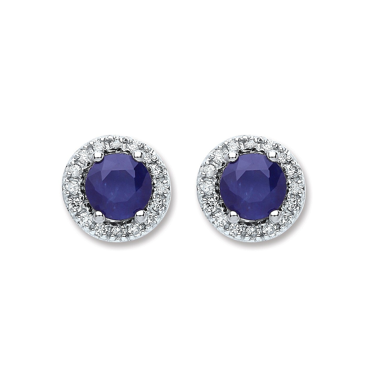9ct White Gold Sapphire and Diamond Round Earrings 8.3mm Diameter Hallmarked