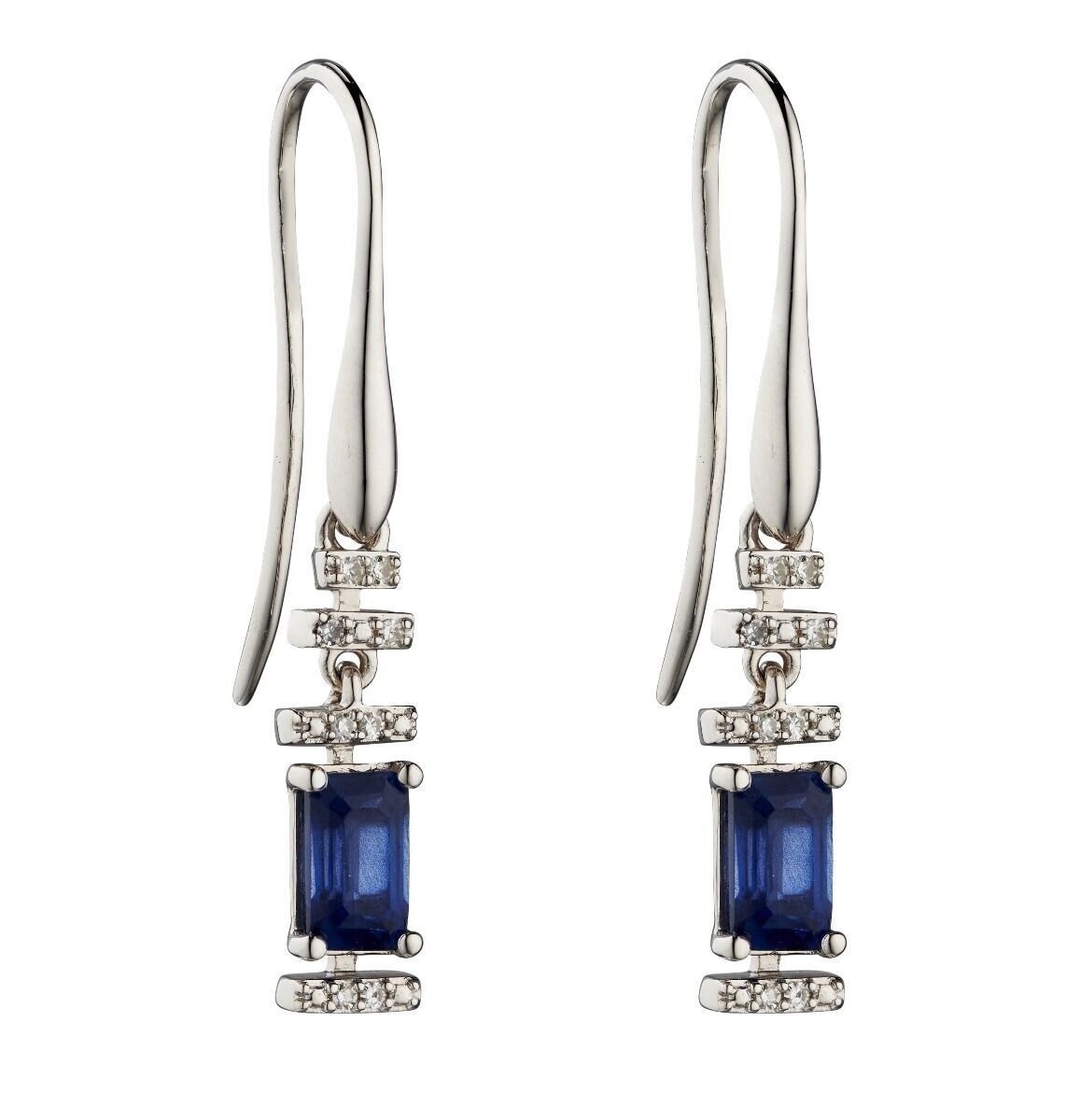 9ct White Gold Sapphire and Diamond Deco Pendant Earrings Set 16 18 or 20" Chain