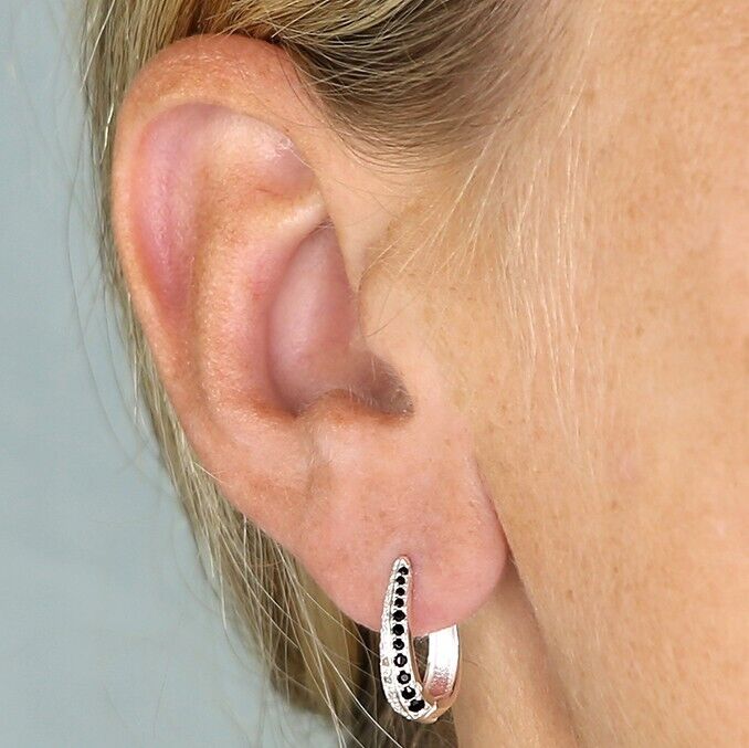 Simulated Black Diamond Hoop Earrings Solid .925 Sterling Silver Handmade