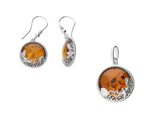 Cognac Amber Sea Life Pendant and Earrings Set Solid Sterling Silver 925