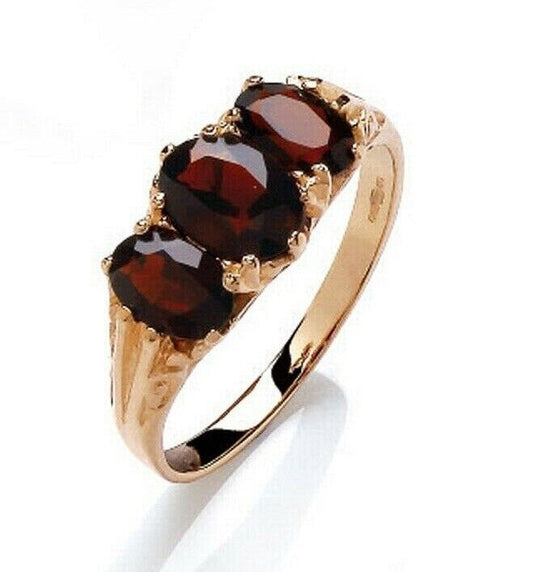 Real Garnet Three Stone Ring Solid 9ct Yellow Gold Trilogy Fully Hallmaked