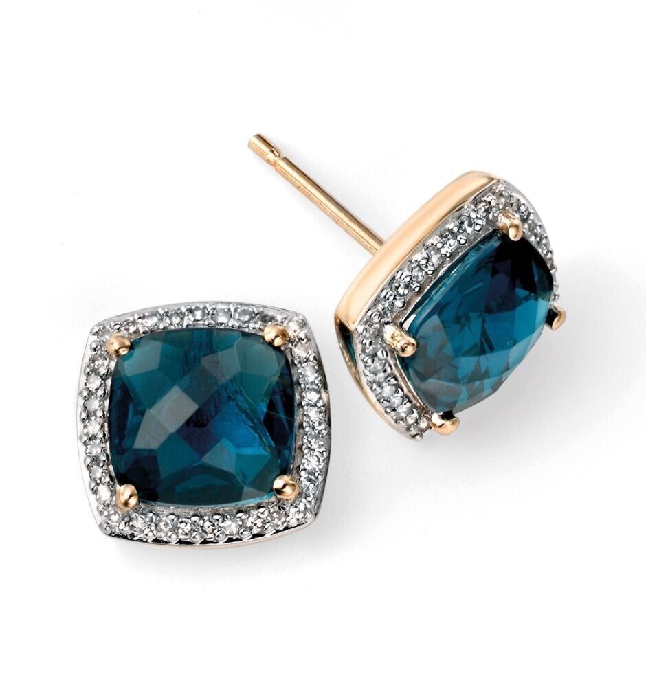 London Blue Topaz and Diamond Set Yellow Gold Pendant Earrings 16 18 20" Chain