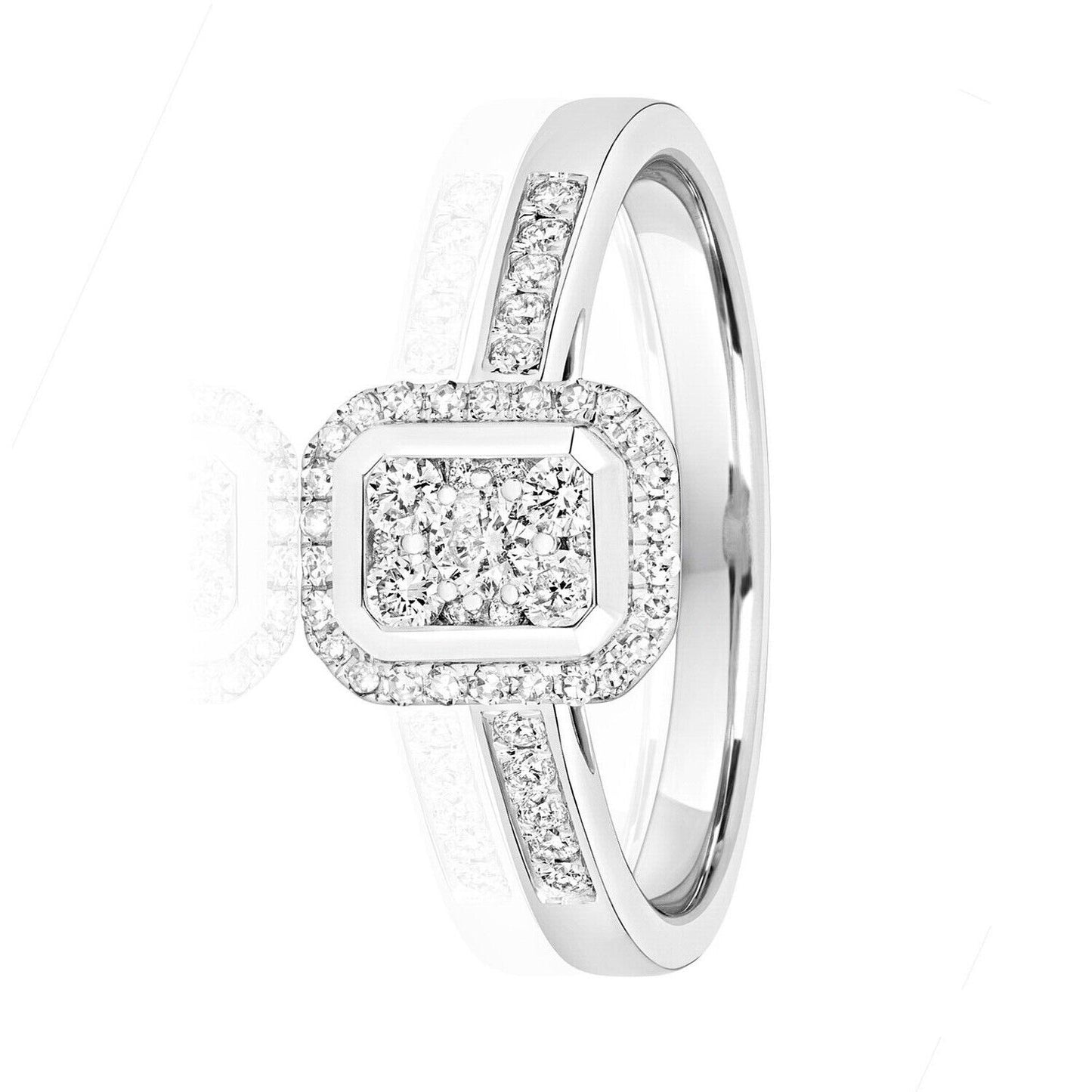 Real Diamond Ring 9ct White Gold Rectangular Halo Cluster Engagement 0.33ctw
