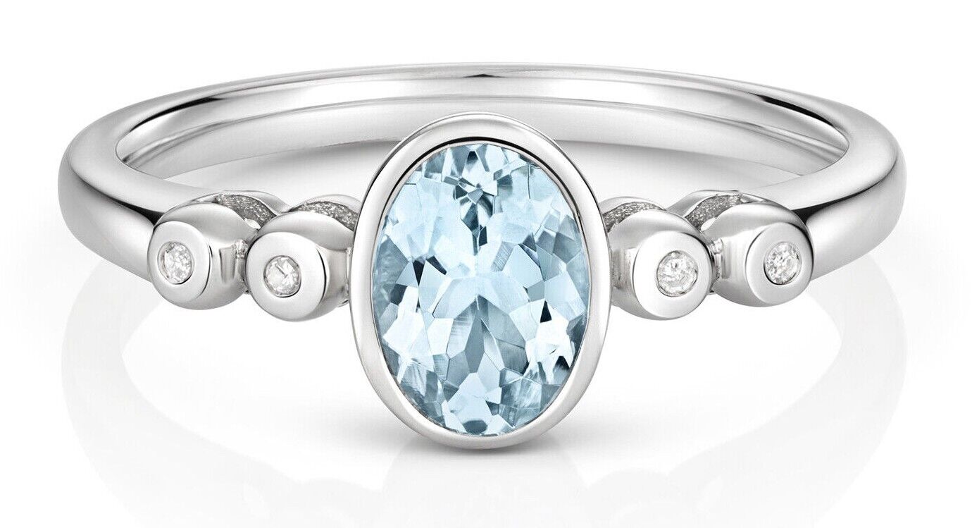 Real Aquamarine and Diamond Ring Solid White Gold Oval Solitaire Size J-Q