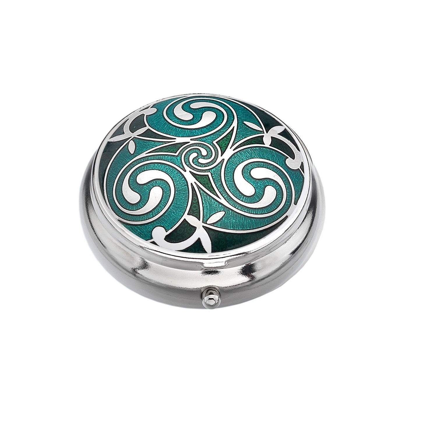 Pillbox Silver Plated Celtic Triskele Rounds Green Brand New and Boxed
