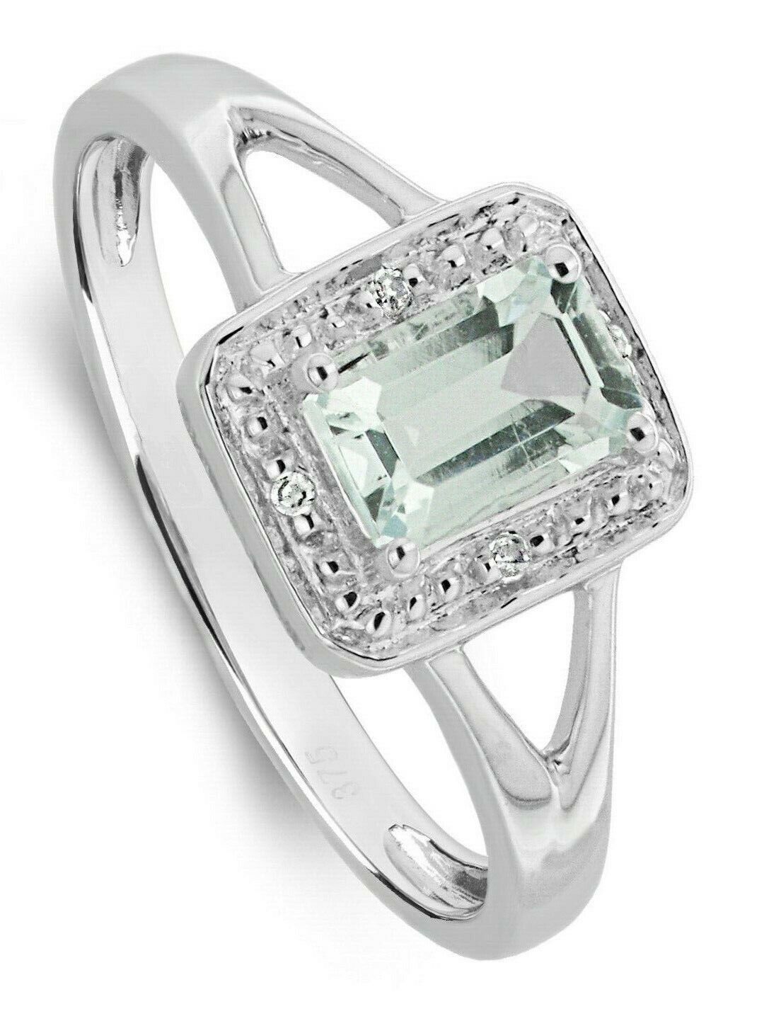 Real Aquamarine and Diamond Ring Solid White Gold Emerald Cut Cluster Size J-Q