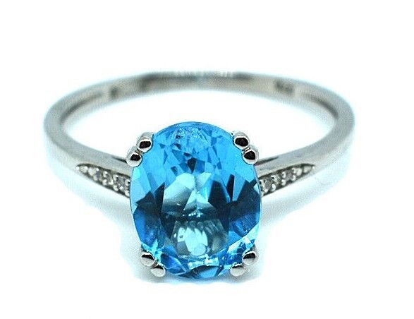 Blue Topaz and Diamond Solitaire Ring Solid White Gold Large Oval 10 x 8mm