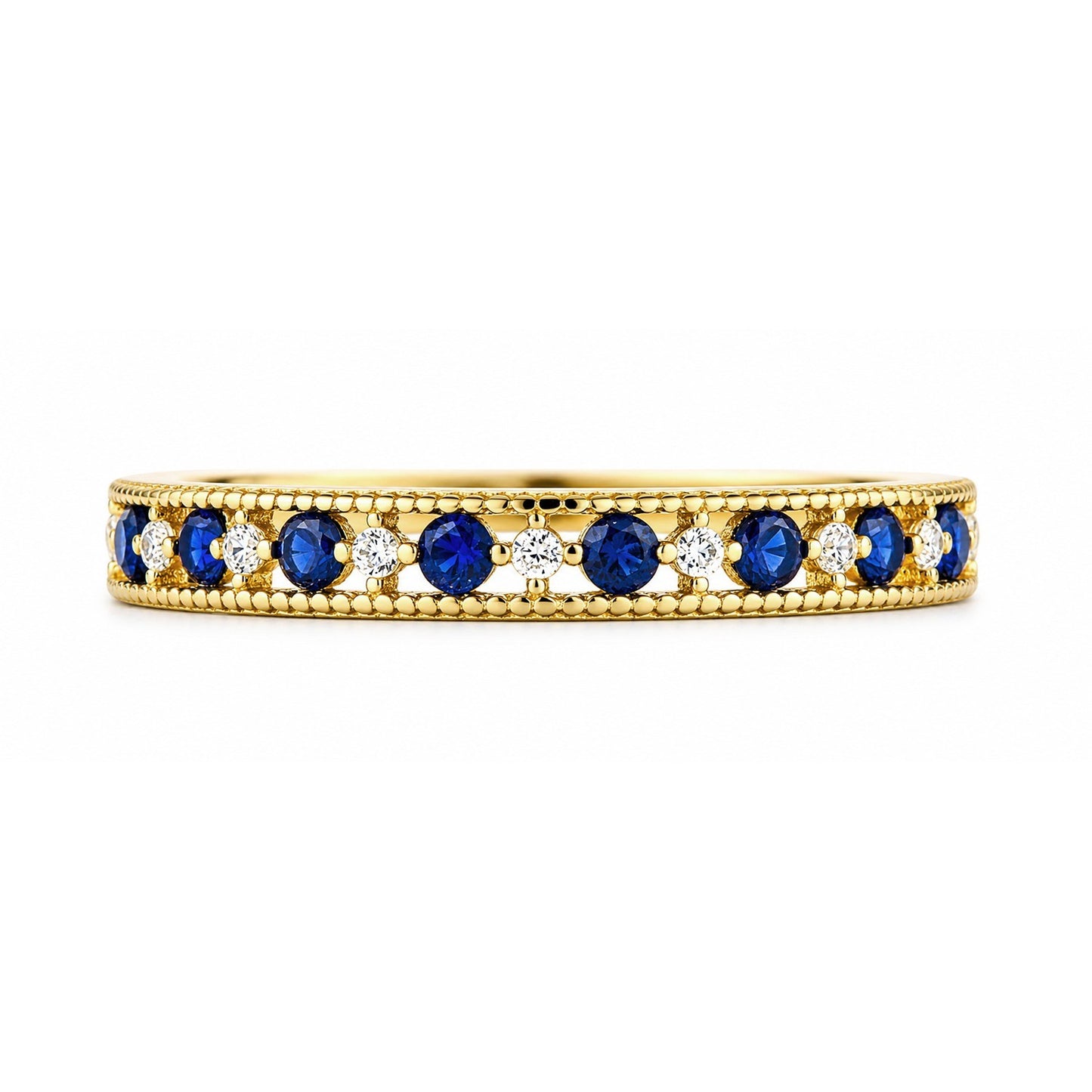 9ct Yellow Gold Sapphire Eternity Anniversary Ring Millgrain Heart Edge Hallmark