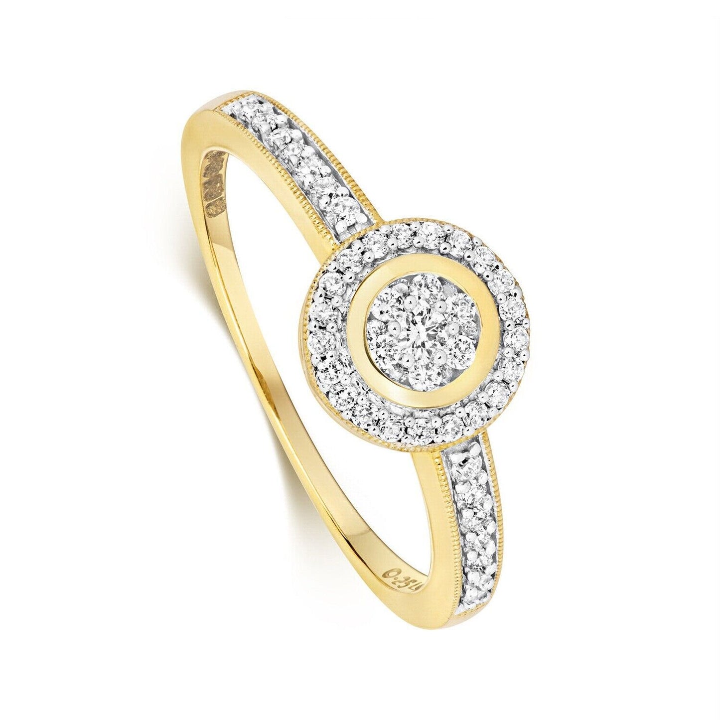 Real Diamond Ring Round 9ct Yellow Gold Halo Cluster 0.25ctw Engagement