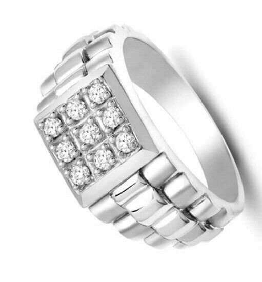 Gents 9ct White Gold Natural Diamond Ring Pinky Signet Hallmarked
