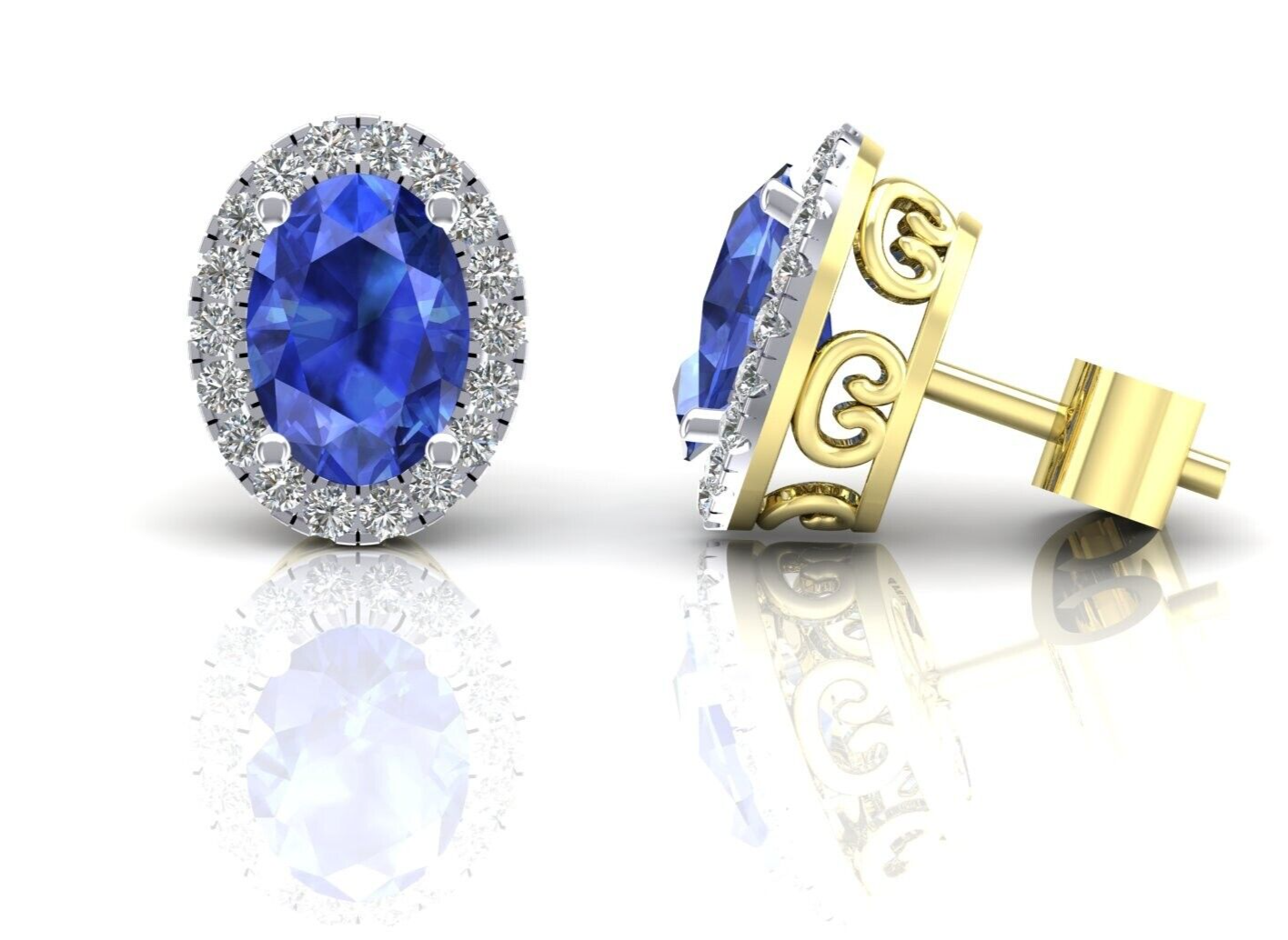 9ct Yellow Gold Sapphire Cluster Stud Earrings Oval Studs Hallmarked