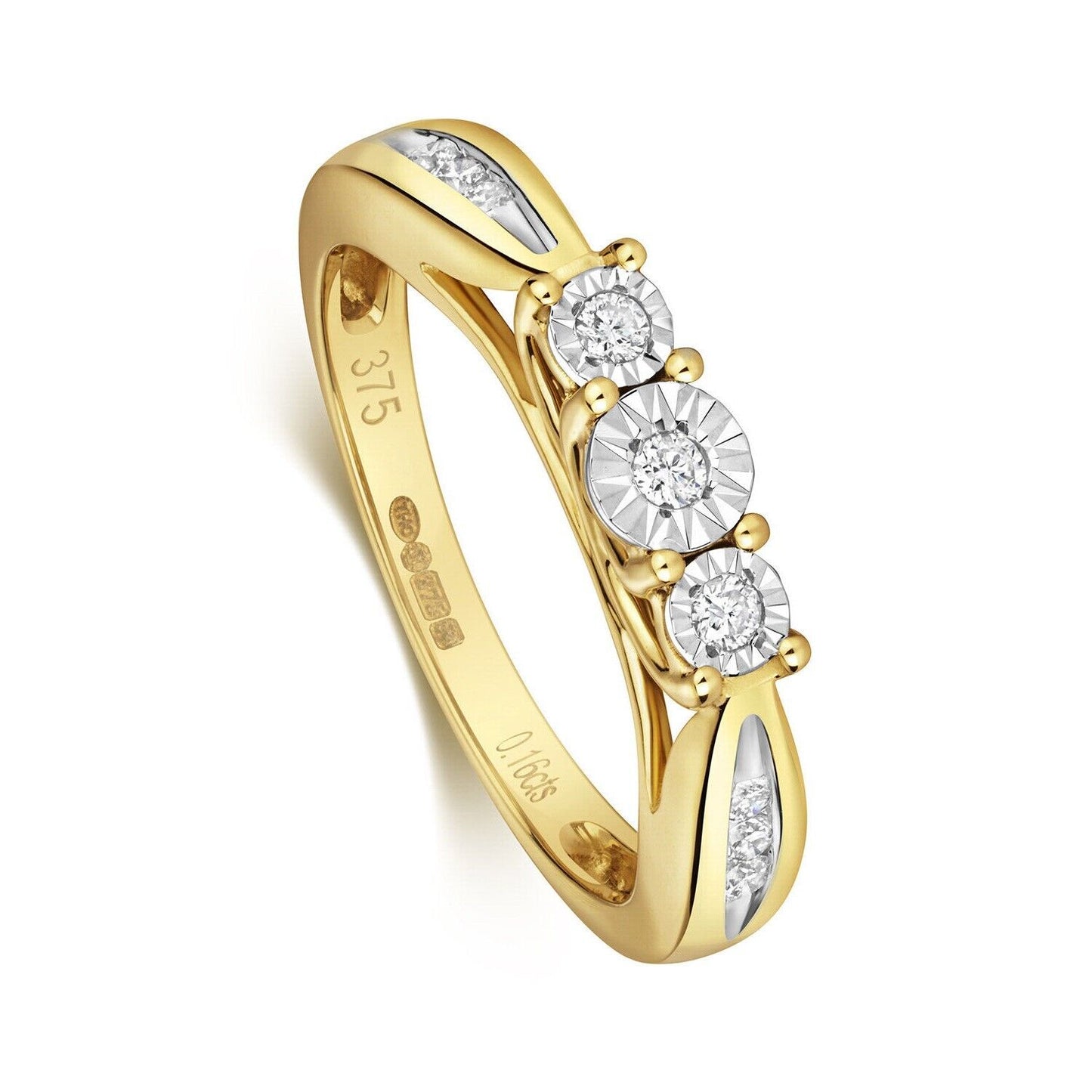 Real Diamond Three Stone Ring 9ct Yellow Gold Trilogy Size J K L M N O P Q