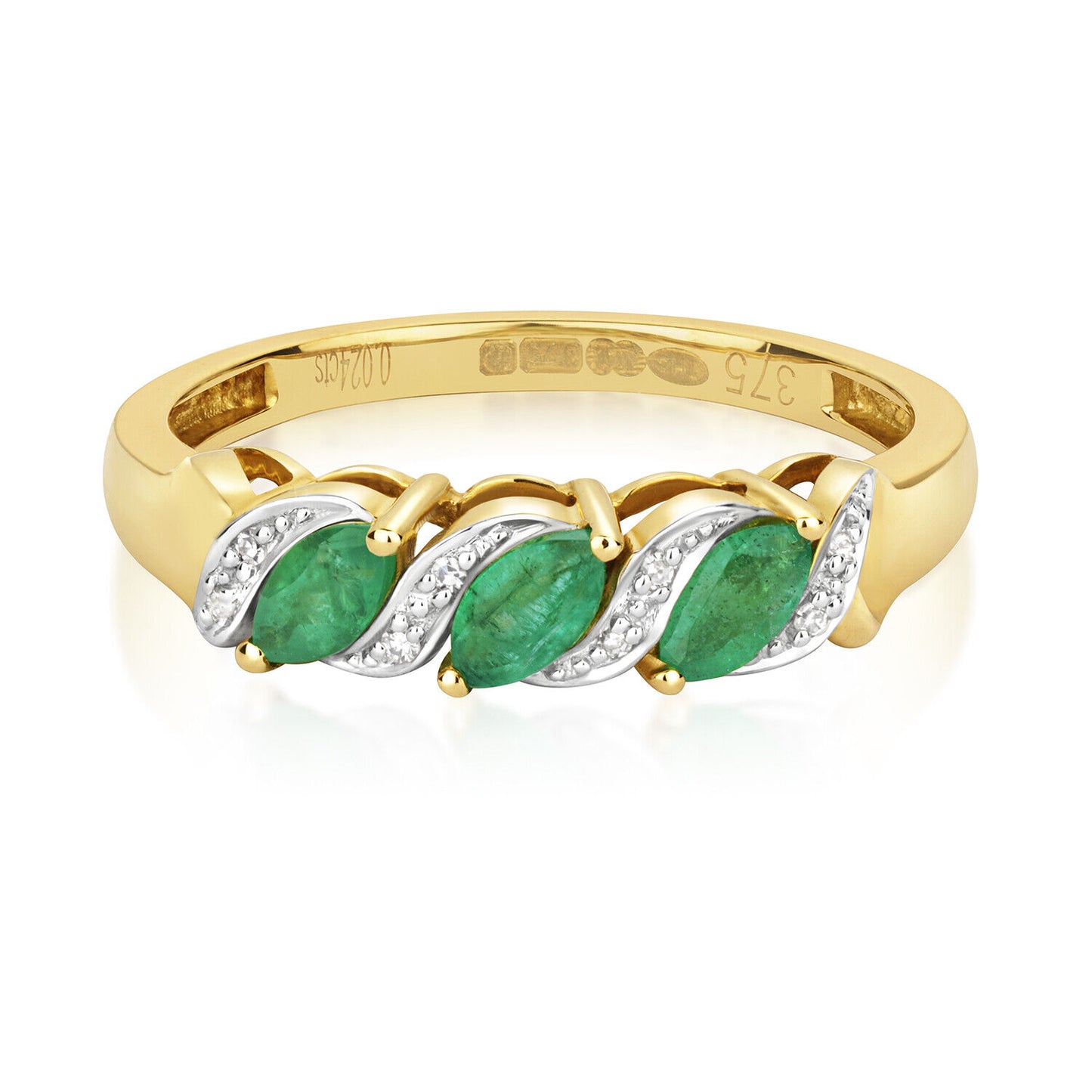 Real Emerald and Diamond Ring Solid Yellow Gold Three Stone Marquise Trilogy
