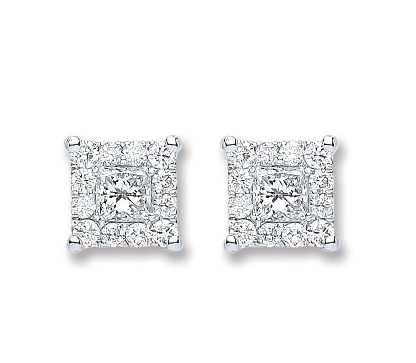 18ct White Gold 0.50ct Diamond Square Stud Earrings Hallmarked