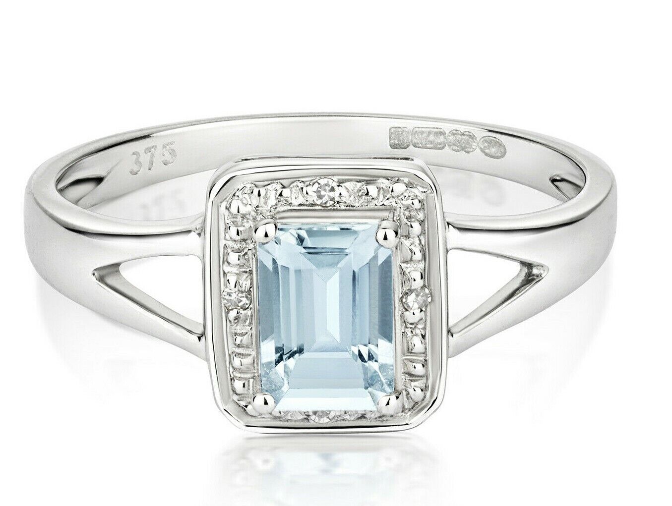 Real Aquamarine and Diamond Ring Solid White Gold Emerald Cut Cluster Size J-Q