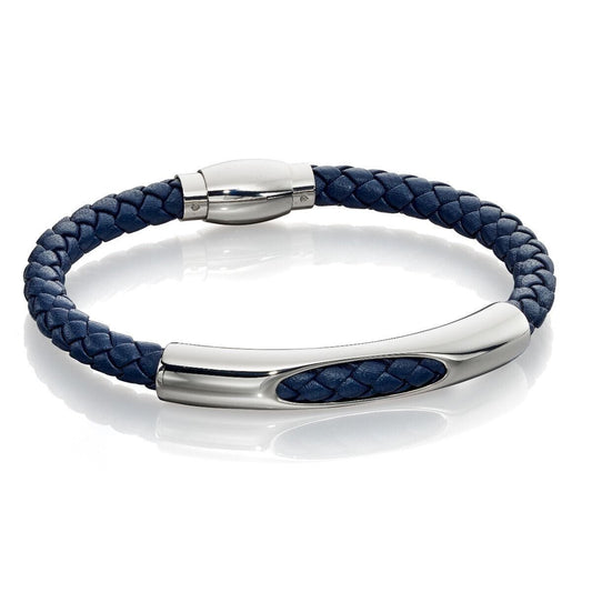 Fred Bennett Woven Navy Leather and Stainless Steel Section Bracelet 21cm B5279