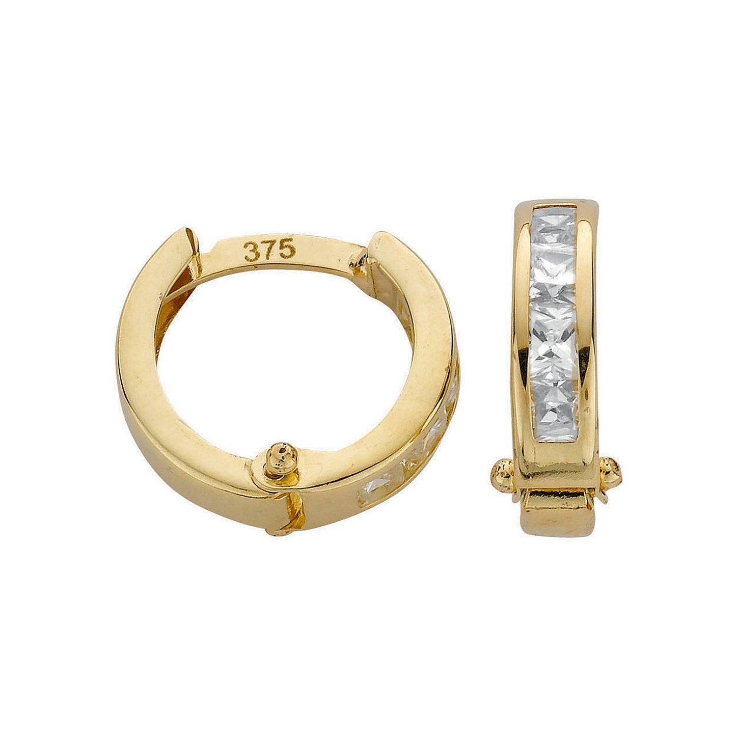 Yellow Gold Huggie Hoop Earrings Princess Cut Zircon 12mm Hinged Hoops Hallmark