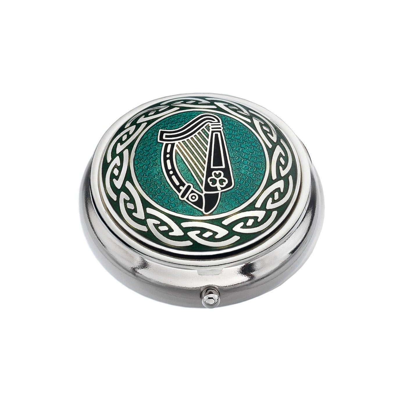 Pillbox Silver Plated Celtic Irish Harp Green Brand New and Boxed