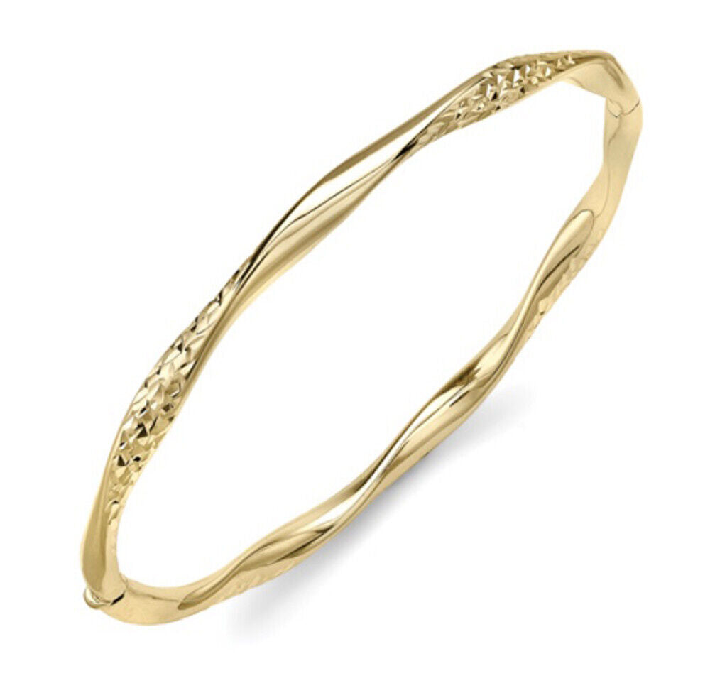 Yellow Gold Twist Bangle Hinged Diamond Cut Hallmarked British Made Bracelet