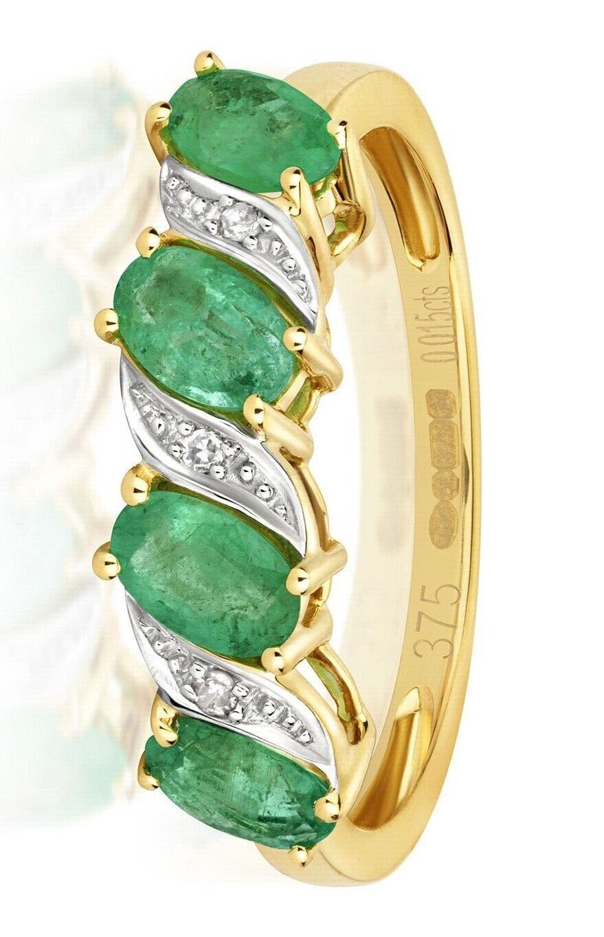 Real Emerald and Diamond Eternity Ring Solid Yellow Gold Oval Gemstone Band
