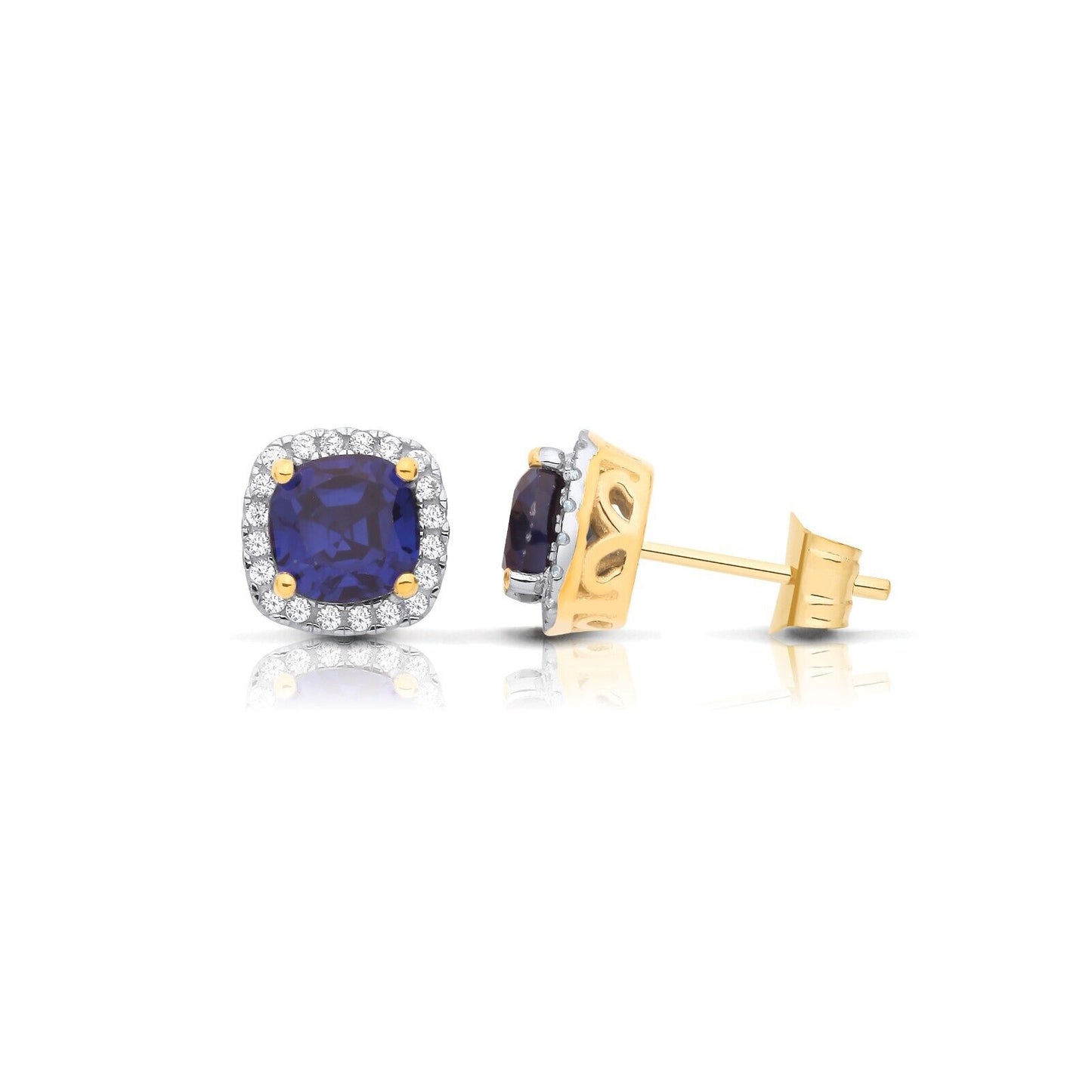 Sapphire Cushion Cluster Stud Earrings Solid 9ct Yellow Gold Hallmarked