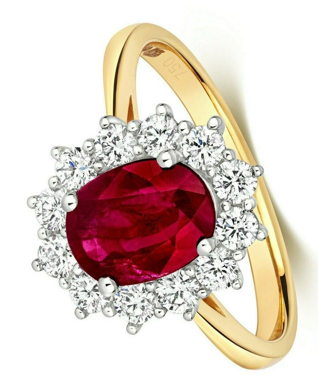 Real Ruby and Diamond Ring 18ct Yellow Gold Oval Cluster Engagement