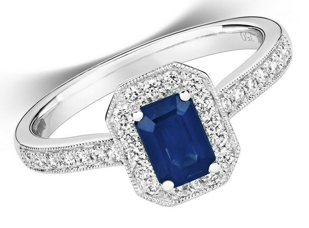 Real Sapphire and Diamond Ring 18ct White Octagon Cluster