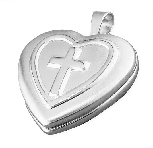 Heart Locket With Embossed Cross 16mm 925 Sterling Silver