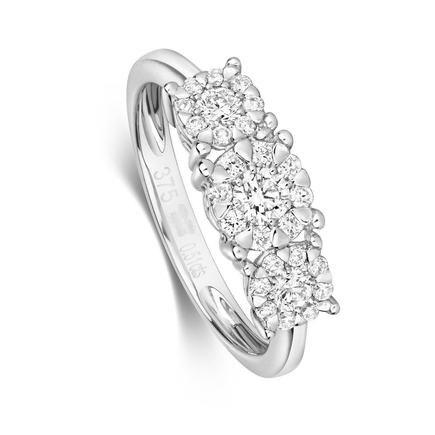 Real Diamond Three Cluster Ring 9ct White Gold 0.51 carat of Diamonds