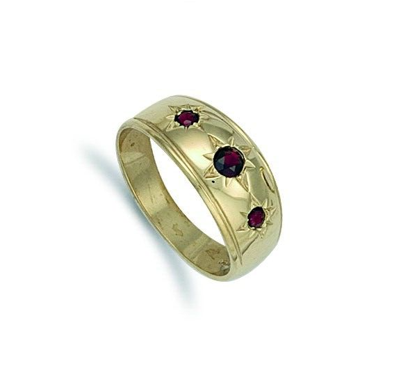Gents Three Stone Garnet Ring 9ct Yellow Gold Gypsy Setting Hallmarked
