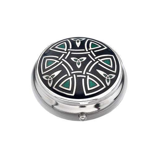 Pillbox Silver Plated Celtic Trinity Design Green Black Brand New and Boxed