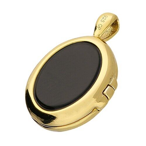 Silver Locket Yellow Gold Plated Double Sided Mother of Pearl and Black Agate