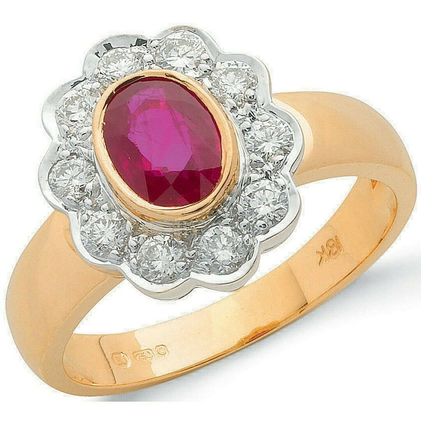 Real Ruby and Diamond Ring 18ct Yellow Gold Oval Cluster 1.00 Carat Weight