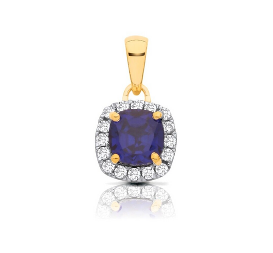 Sapphire Cushion Cluster Pendant Solid 9ct Yellow Gold 18" Chain Hallmarked