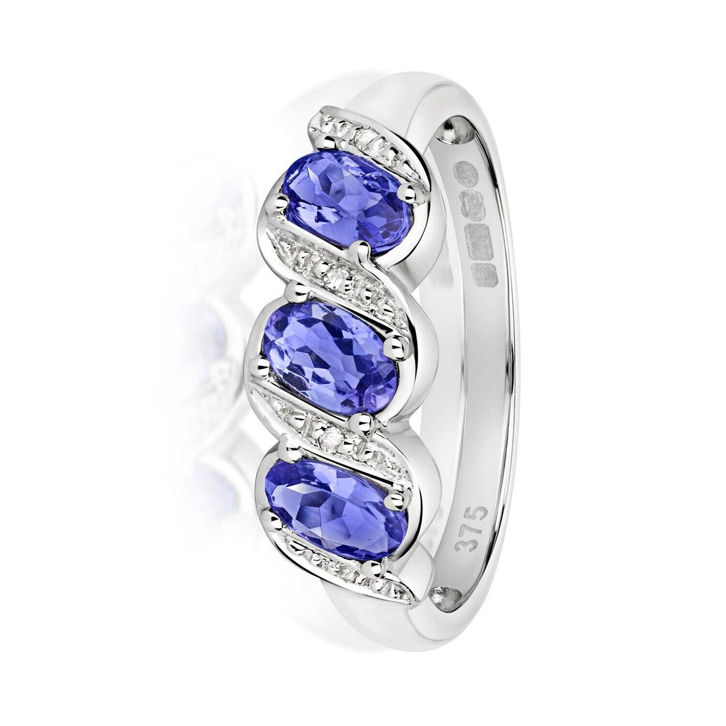 Real Tanzanite and Diamond Trilogy Ring Solid White Gold Three Stone Size J - Q