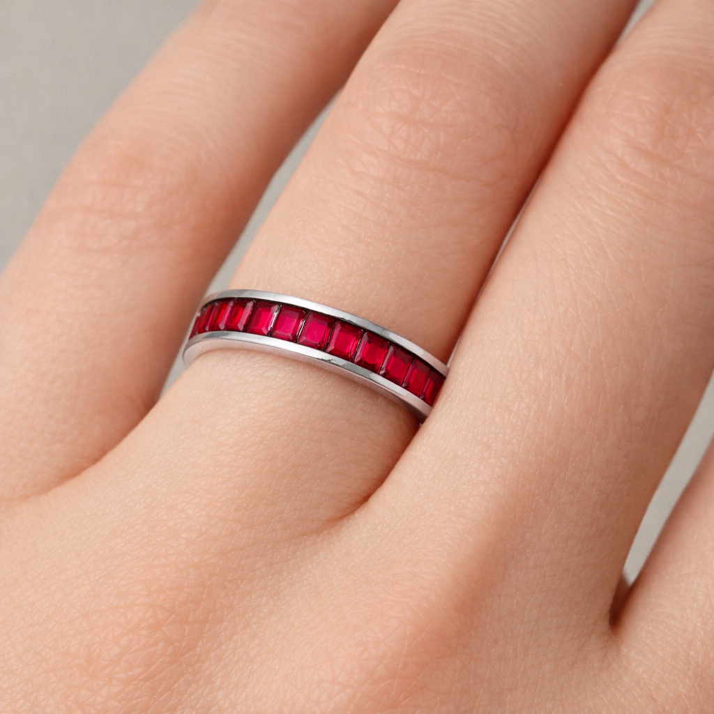 Sterling Silver Ruby Baguette Eternity Ring 4mm Band 925 Hallmark Size K - S