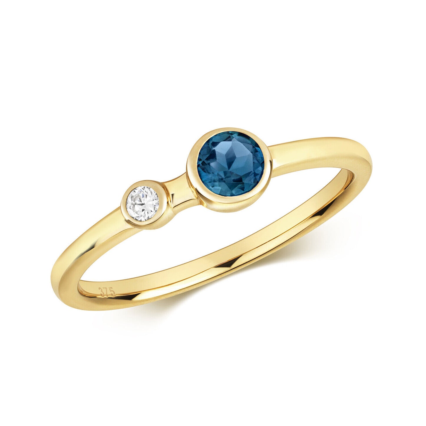Real London Blue Topaz and Diamond Ring Solid Yellow Gold Solitaire Size J-Q