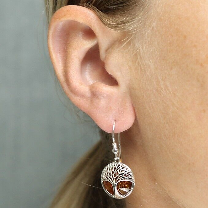 Cognac Amber Tree of Life Earrings Drop Solid Sterling Silver 925