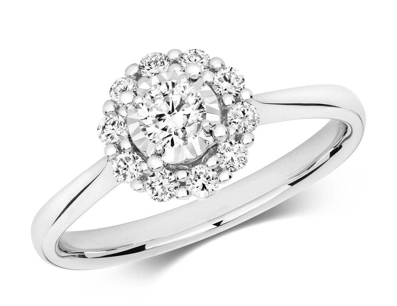 Real Diamond Ring 9ct White Gold Solitaire Cluster 0.45 Carat Weight of Diamonds